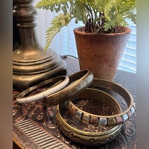 Cuff bangle 4 Boho bracelets hammered tooled brass & inlaid 4 pc LOT set NWOT